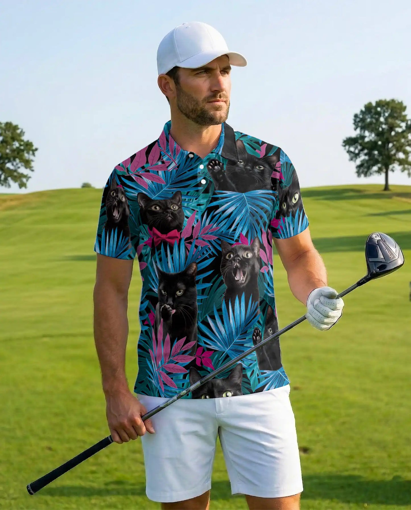 Black Cat Tropical Polo Shirt - Neon Jungle Kitty Style | Azhawaiian