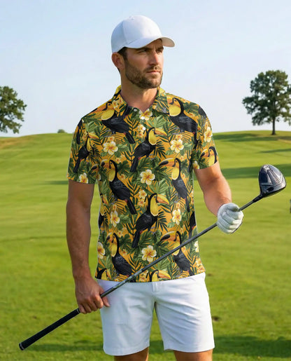 Toucan Tropical Floral Polo Shirt for Men-Jungle Bird Hawaiian Style | Azhawaiian