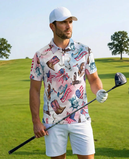 4th of July American Patriotic Horse Polo Shirt for Men | Azhawaiian