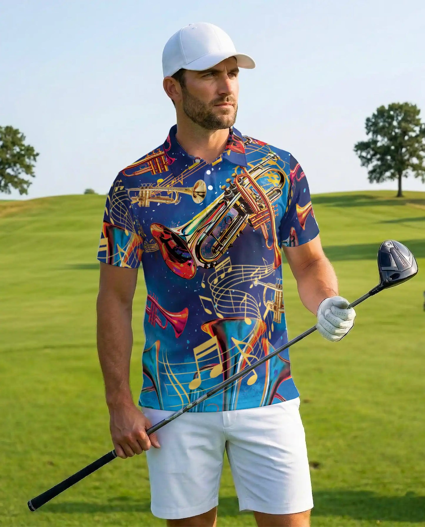 Trumpet Music Polo Shirt for Men, Jazz Band Style | Azhawaiian