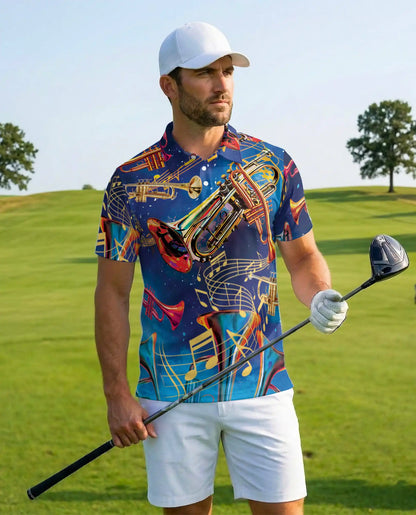Trumpet Music Polo Shirt for Men, Jazz Band Style | Azhawaiian