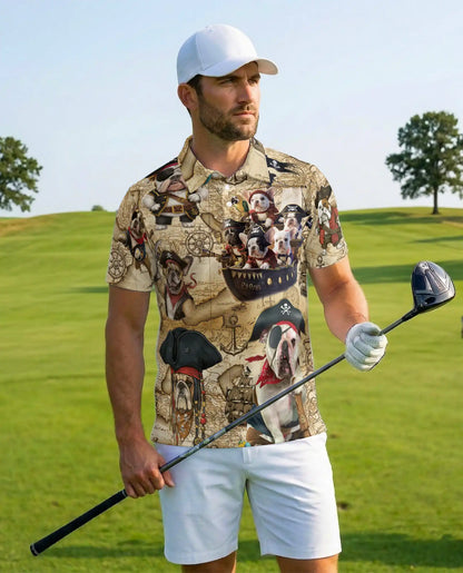 Pirate Dogs Polo Shirt for Men, Cute Bulldog Pirate Print | Azhawaiian