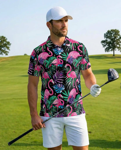 Pink Flamingo Polo Shirt for Men, Tropical Beach Style | Azhawaiian