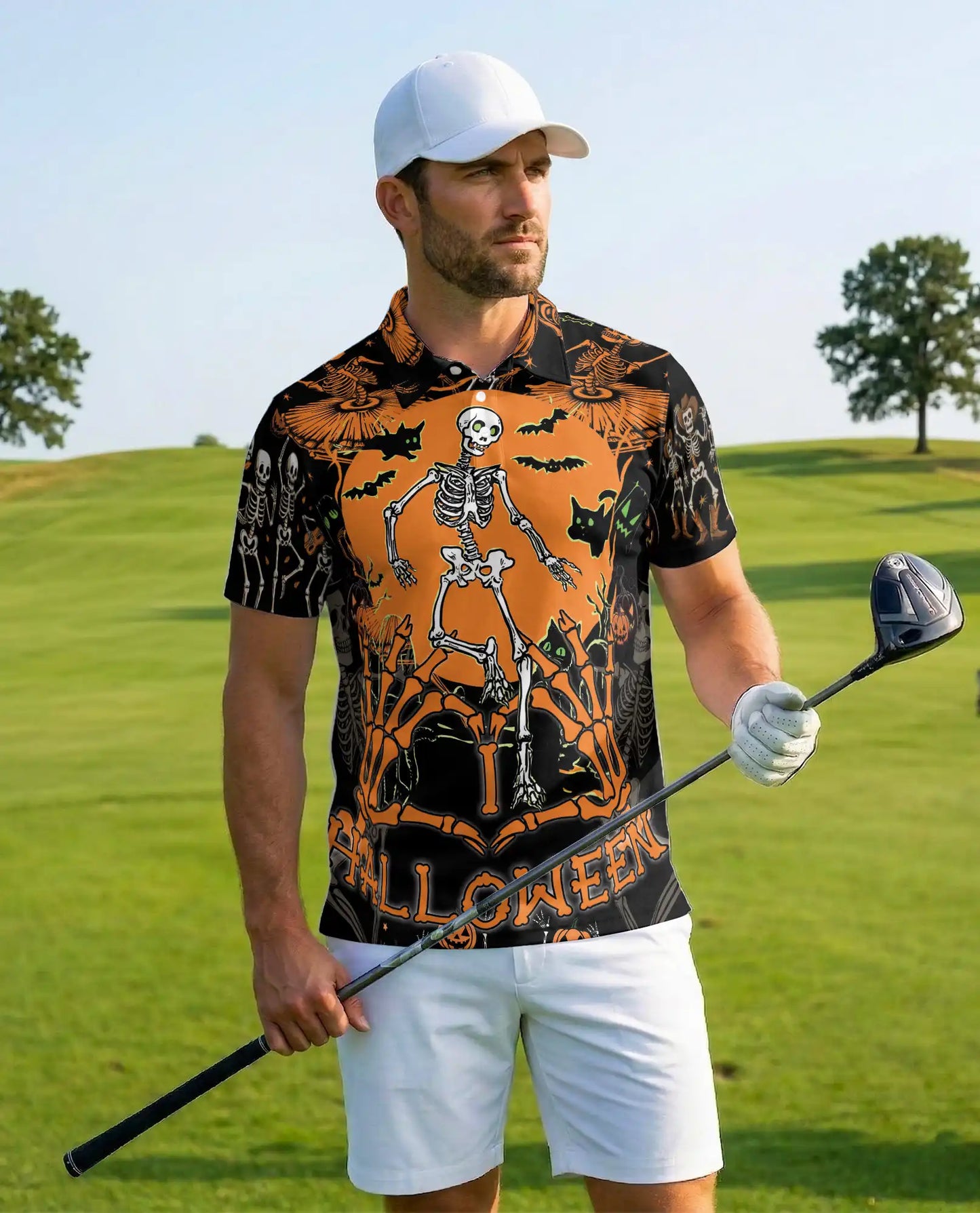 Halloween Skeleton Polo Shirt for Men, Spooky Party Style | Azhawaiian