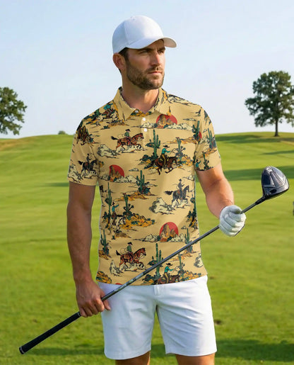 Western Desert Polo Shirt for Men, Cowboy Ranch Style | Azhawaiian