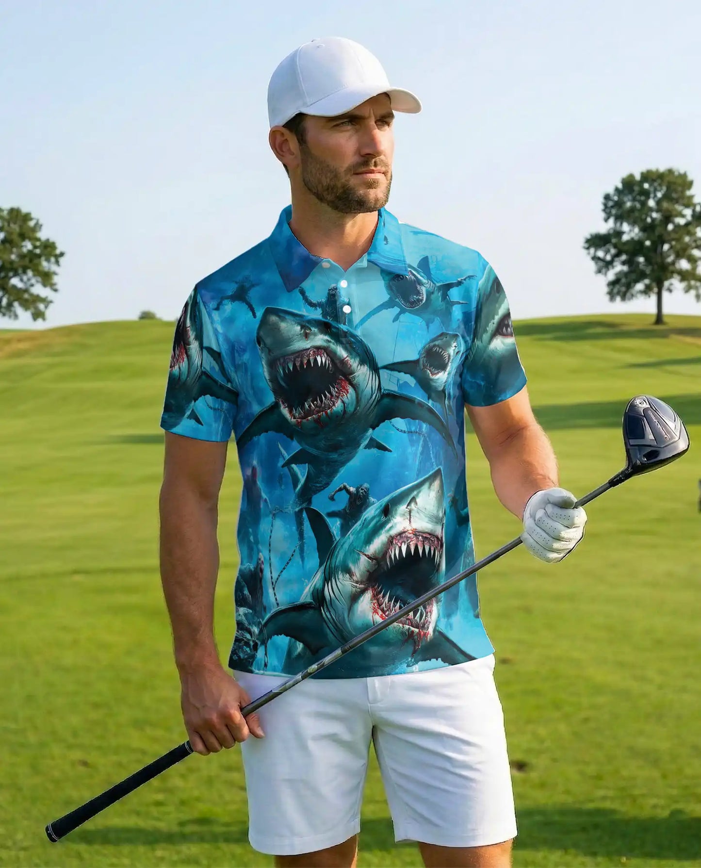 Shark Attack Horror 3D Polo Shirt for Men, Ocean Monster | Azhawaiian