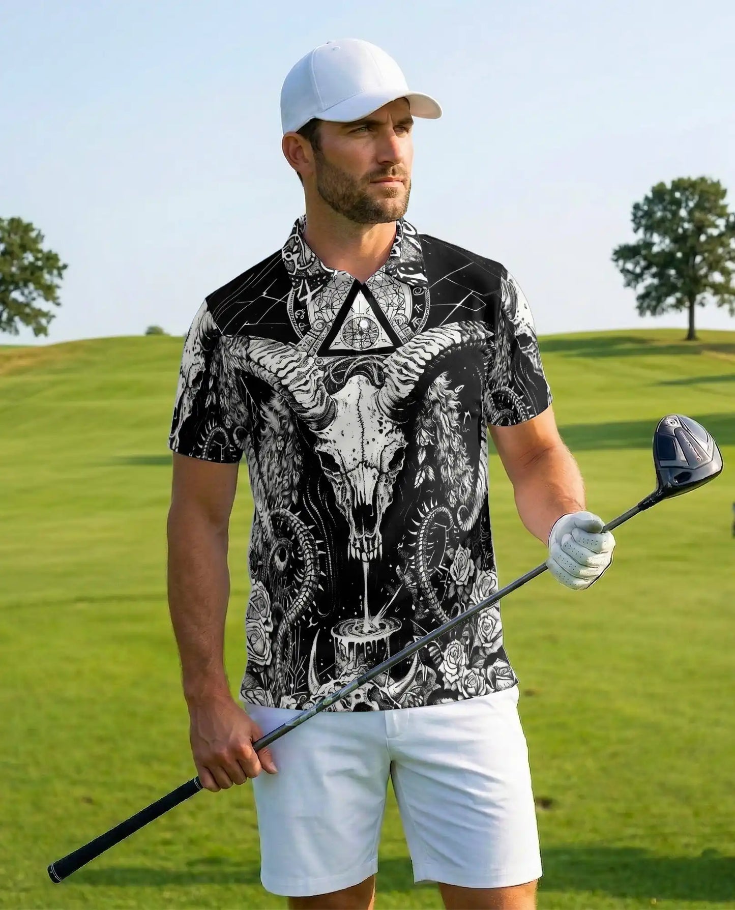 Dark Ram Skull Occult Polo Shirt for Men- Horror Black White Fantasy | Azhawaiian