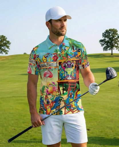 Parrot Tiki Bar Polo Shirt for Men, Tropical Party Style | Azhawaiian