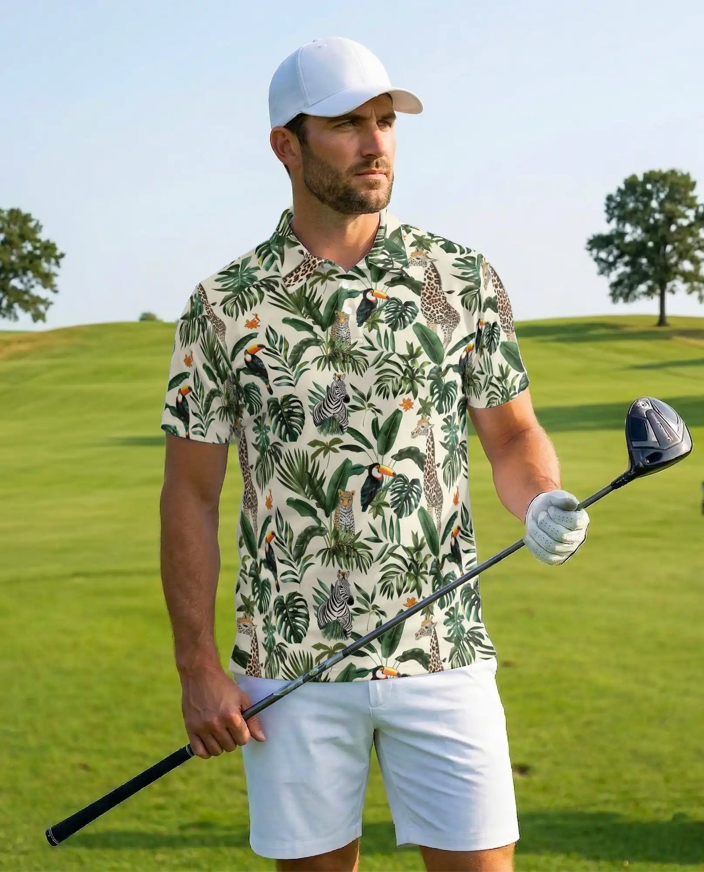 Jungle Wildlife Polo Shirt for Men, Summer Tropical Animal Print | Azhawaiian