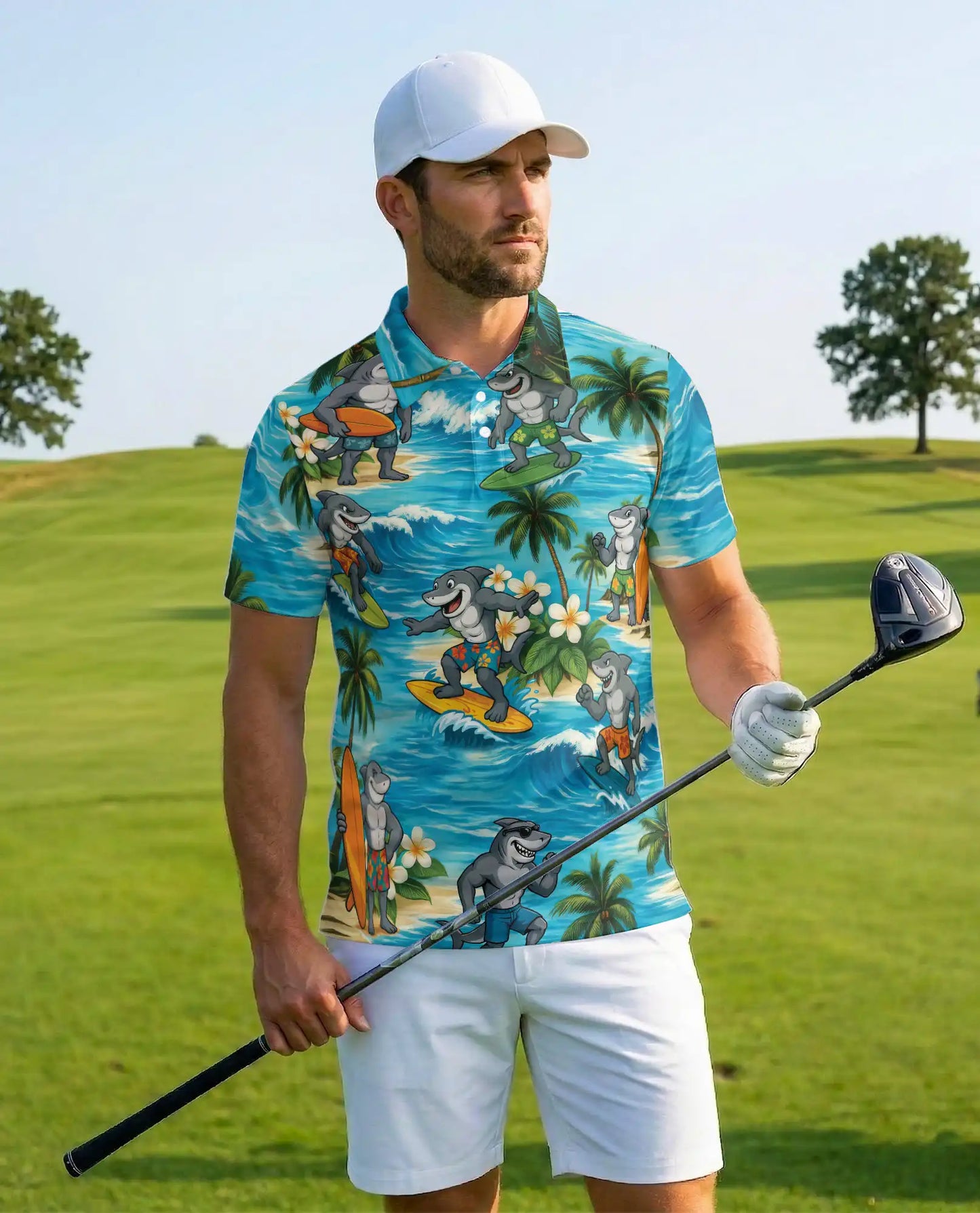 Surfing Shark Polo Shirt for Men, Beach Vacation Style | Azhawaiian