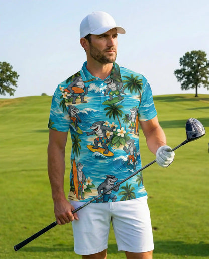 Surfing Shark Polo Shirt for Men, Beach Vacation Style | Azhawaiian