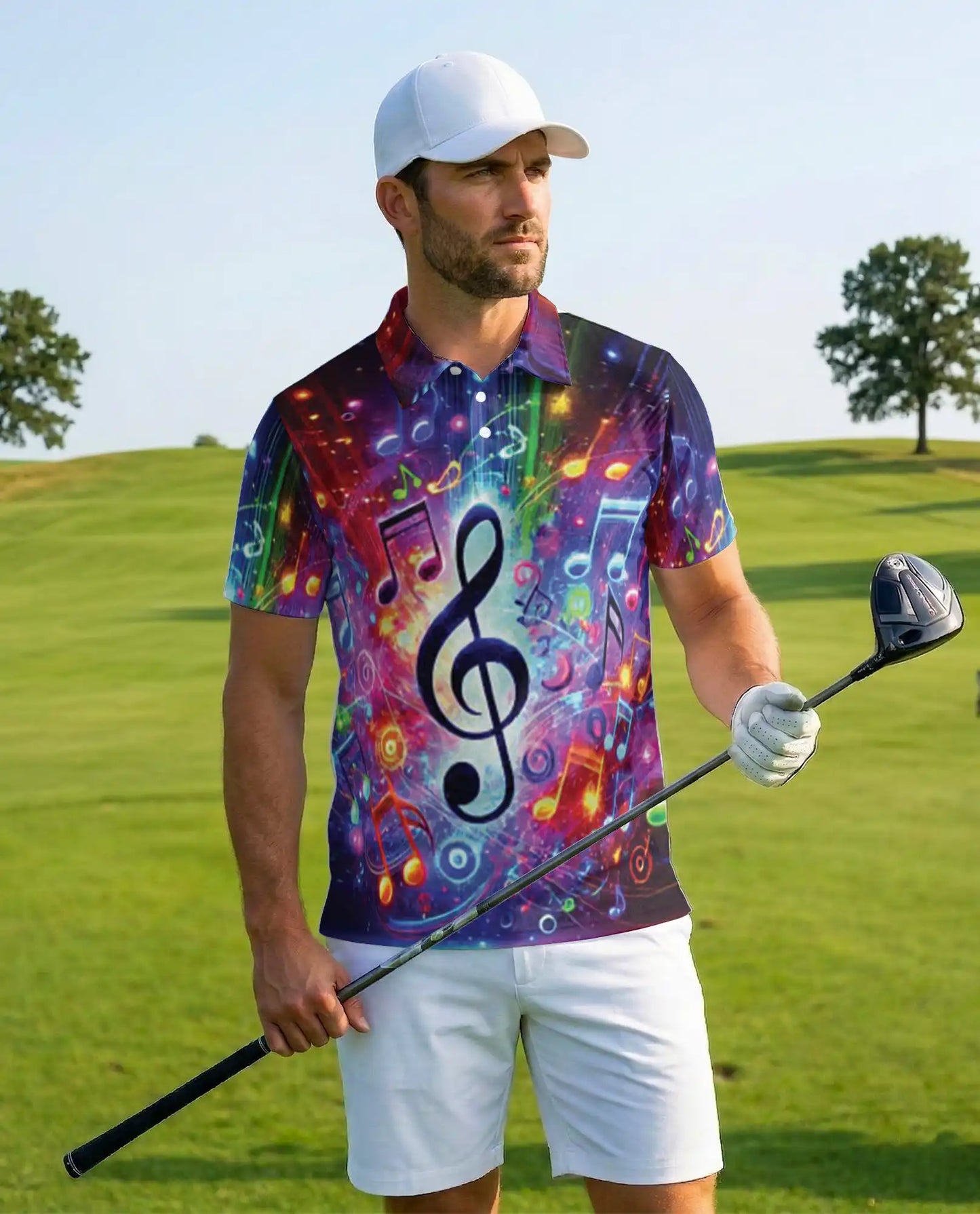 Music Notes Polo Shirt, Colorful Treble Clef Print | Azhawaiian