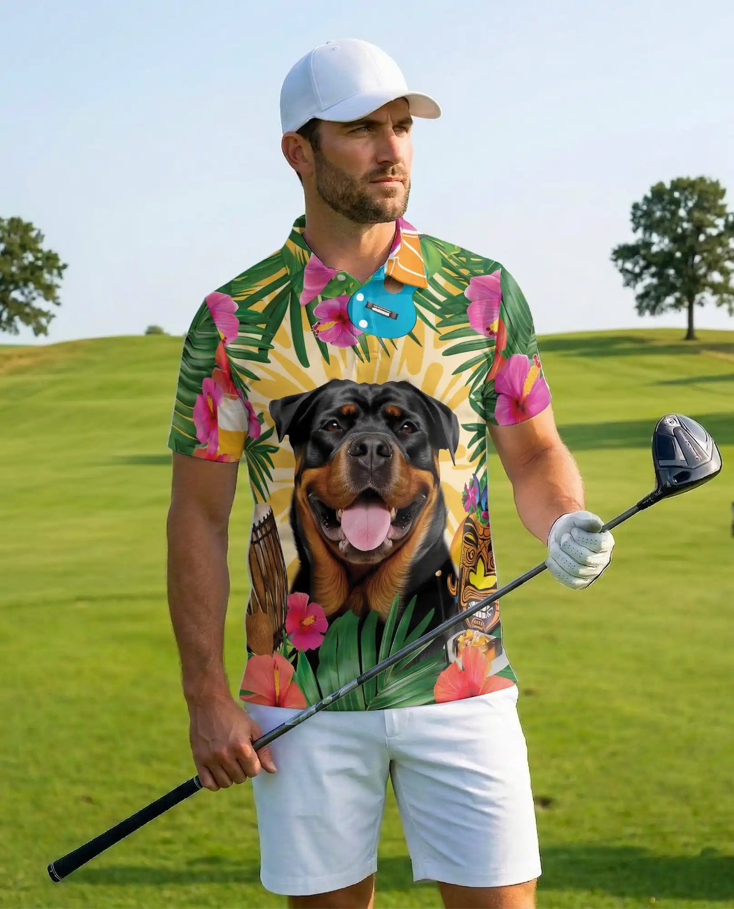 Rottweiler Tropical Polo Shirt For Men- Dog Beach Summer Island Aloha| Azhawaiian