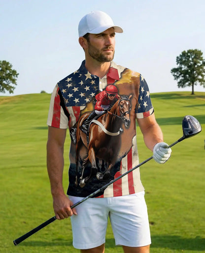 Red Horse Racing American Flag 3D Polo Shirt | Azhawaiian