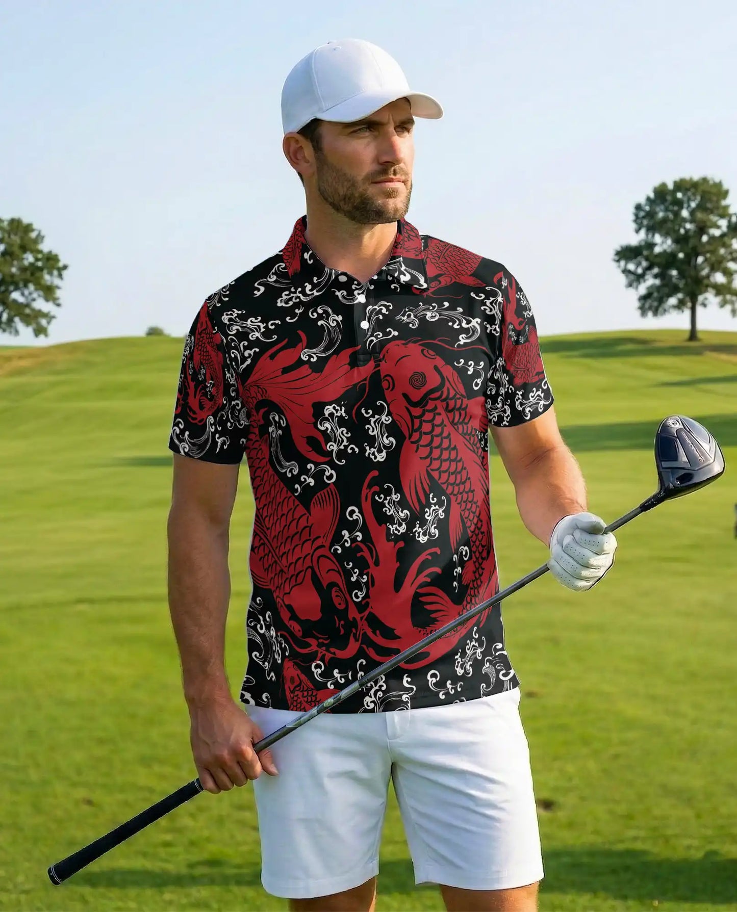 Koi Fish Polo Shirt for Men, Japanese Water Garden Print | Azhawaiian