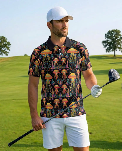 Fantasy Mushroom Polo Shirt, Botanical Night Garden Print | Azhawaiian