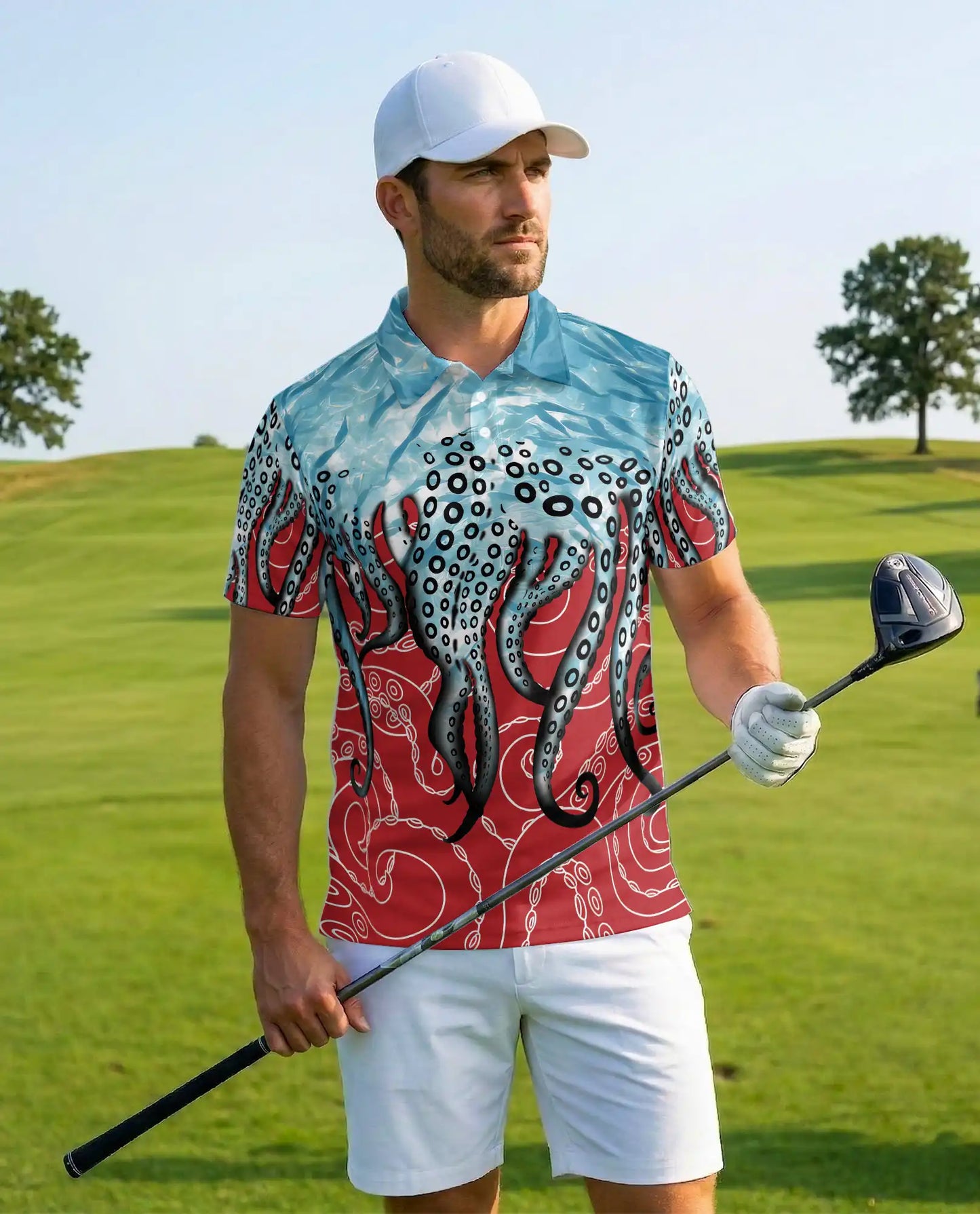 Octopus Tentacles Polo Shirt for Men, Colorful Ocean Design | Azhawaiian