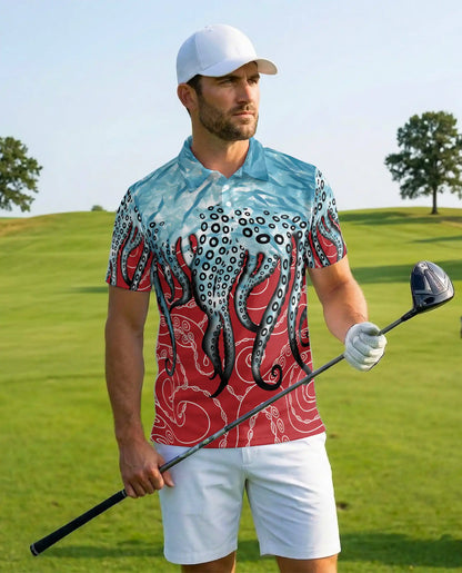 Octopus Tentacles Polo Shirt for Men, Colorful Ocean Design | Azhawaiian