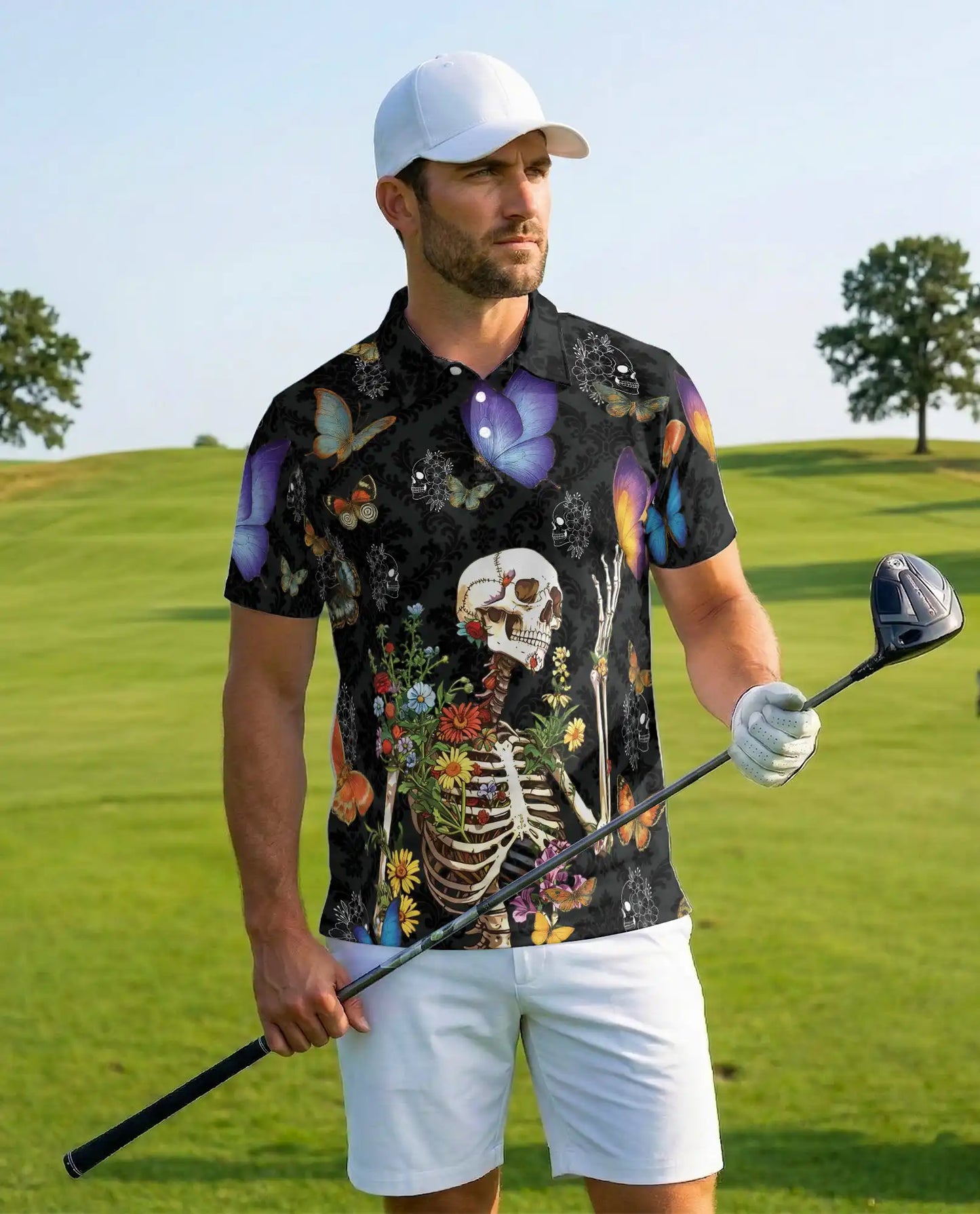 Floral Skeleton Polo Shirt for Men, Gothic Butterfly Design | Azhawaiian