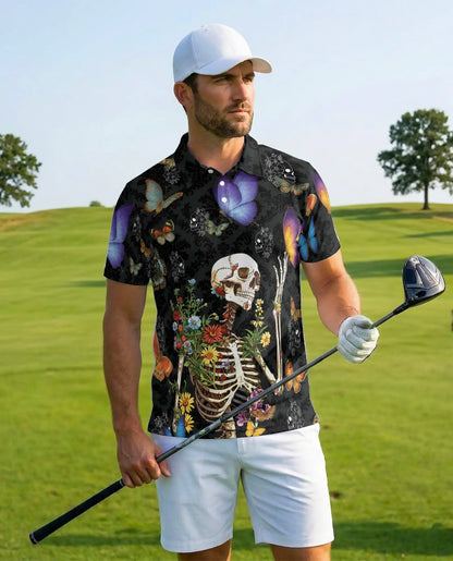 Floral Skeleton Polo Shirt for Men, Gothic Butterfly Design | Azhawaiian