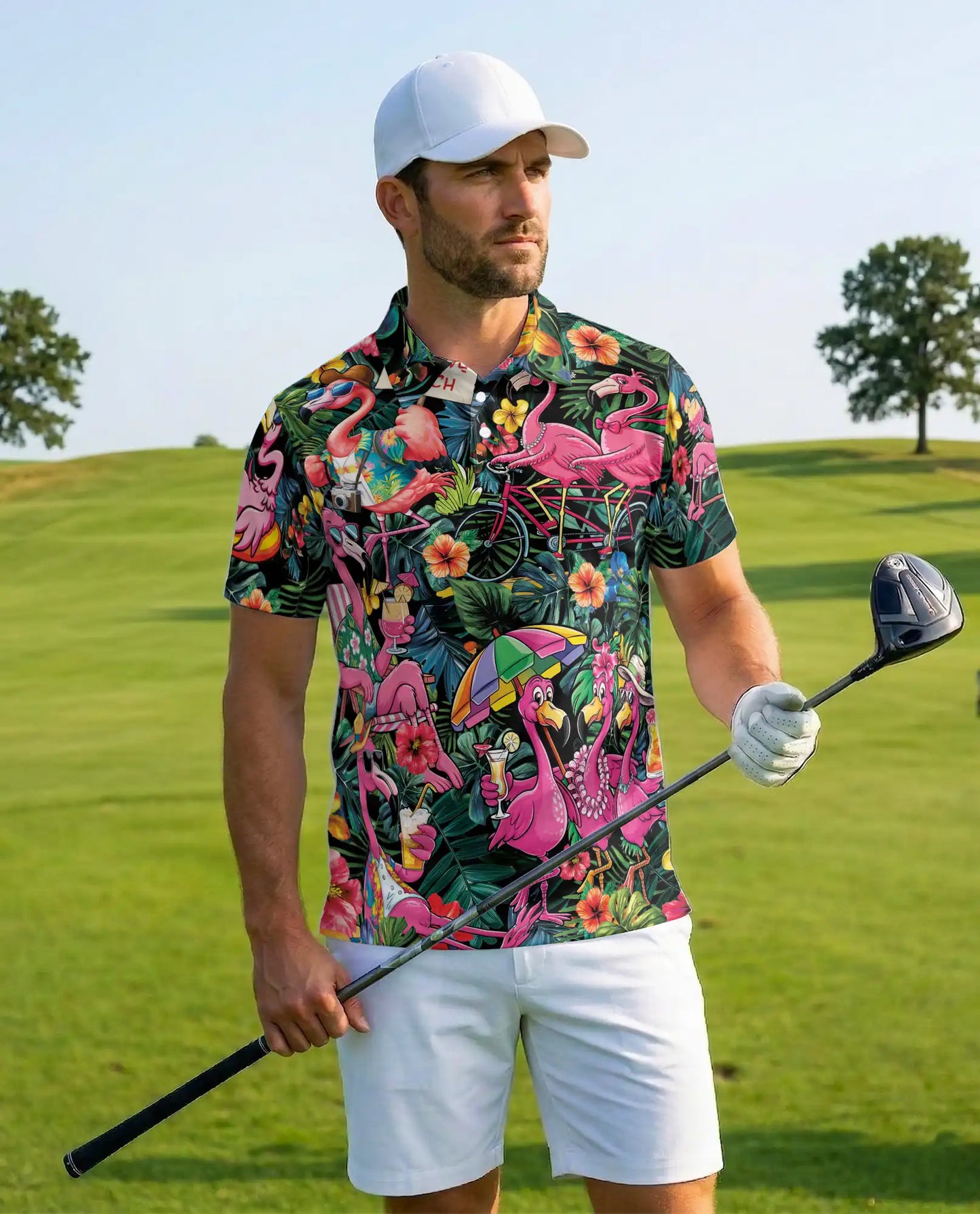 Tropical Flamingo Polo Shirt for Men, Beach Vacation Style | Azhawaiian