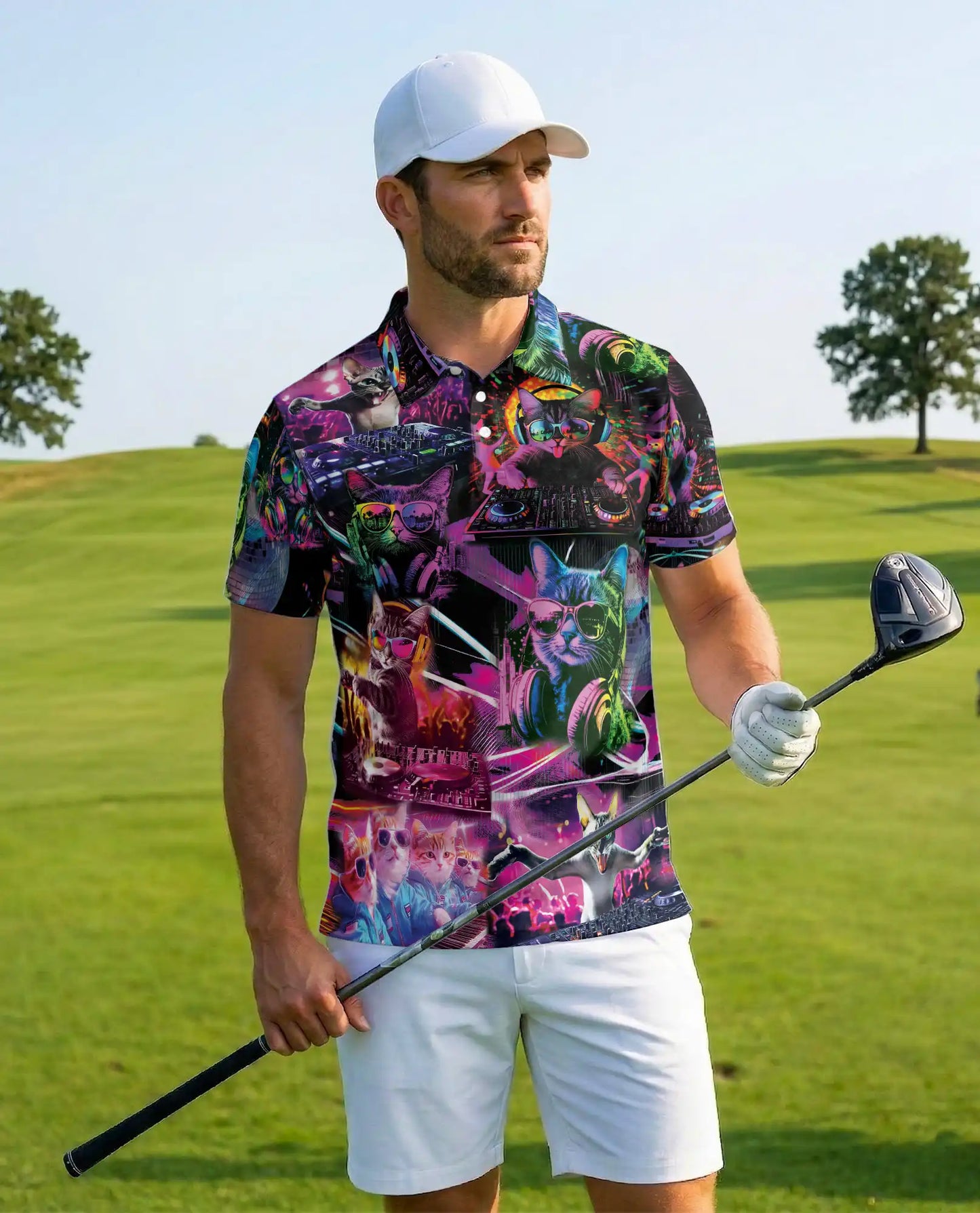 DJ Cat Party Polo Shirt for Men, Neon Music Festival Cat Print | Azhawaiian