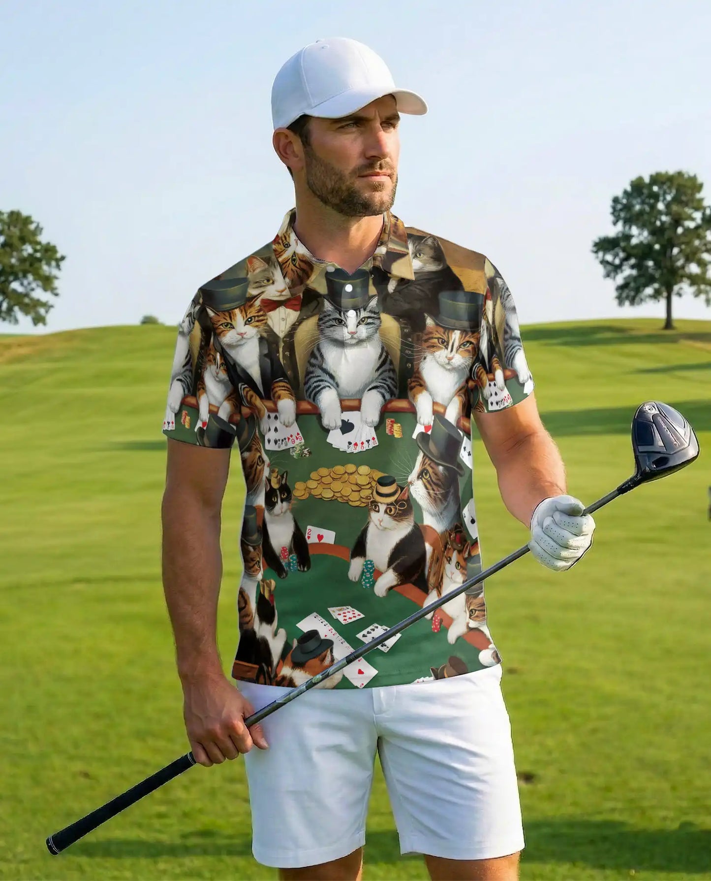 Cat Poker 3D Polo Shirt for Men, Fun Animal Card Game Print | Azhawaiian