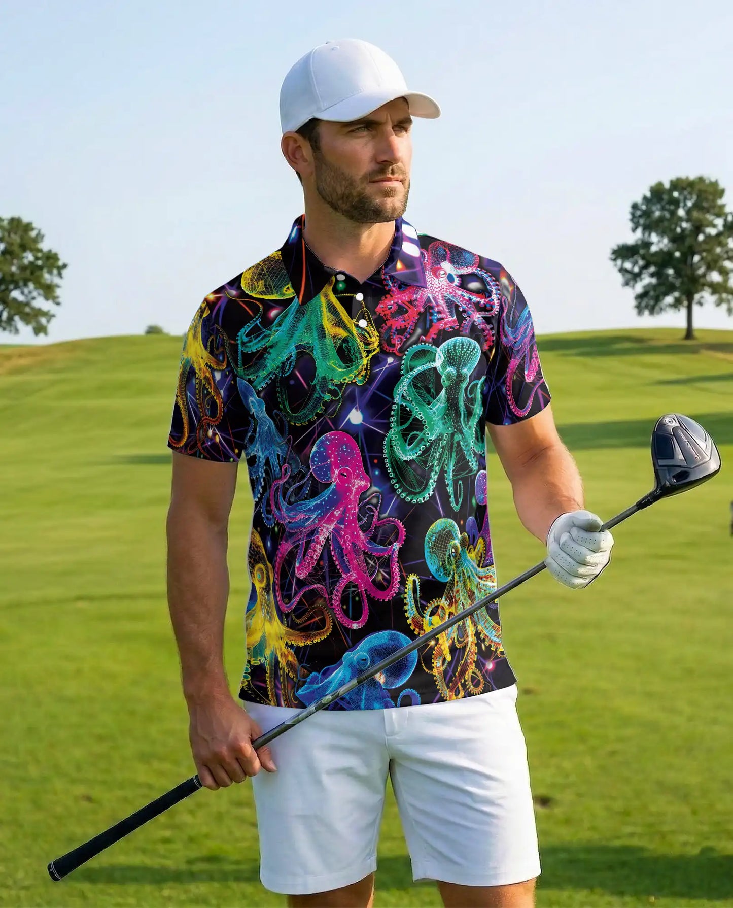 Neon Octopus Polo Shirt for Men, Vibrant Ocean Life | Azhawaiian