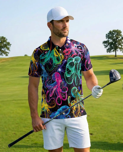 Neon Octopus Polo Shirt for Men, Vibrant Ocean Life | Azhawaiian