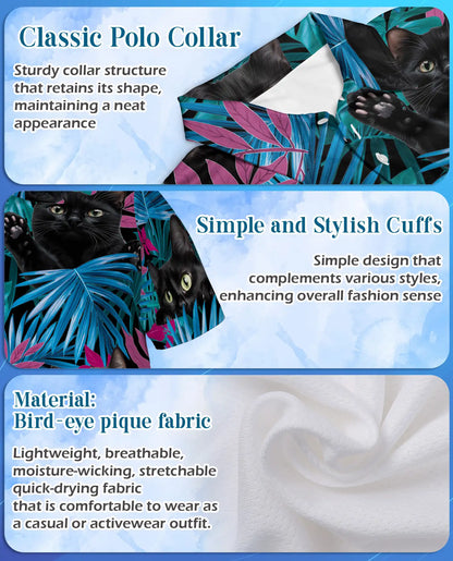 Black Cat Tropical Polo Shirt - Neon Jungle Kitty Style | Azhawaiian