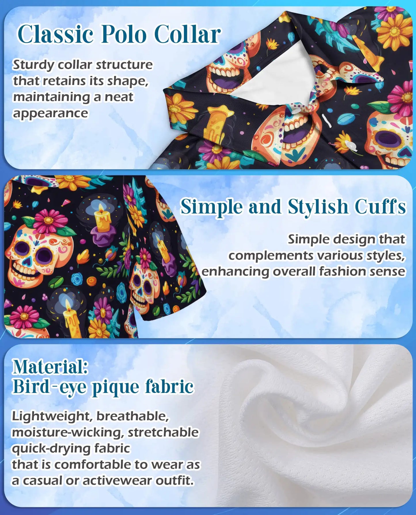 Sugar Skull Polo Shirt for Men, Day of the Dead Colorful Skull Print | Azhawaiian