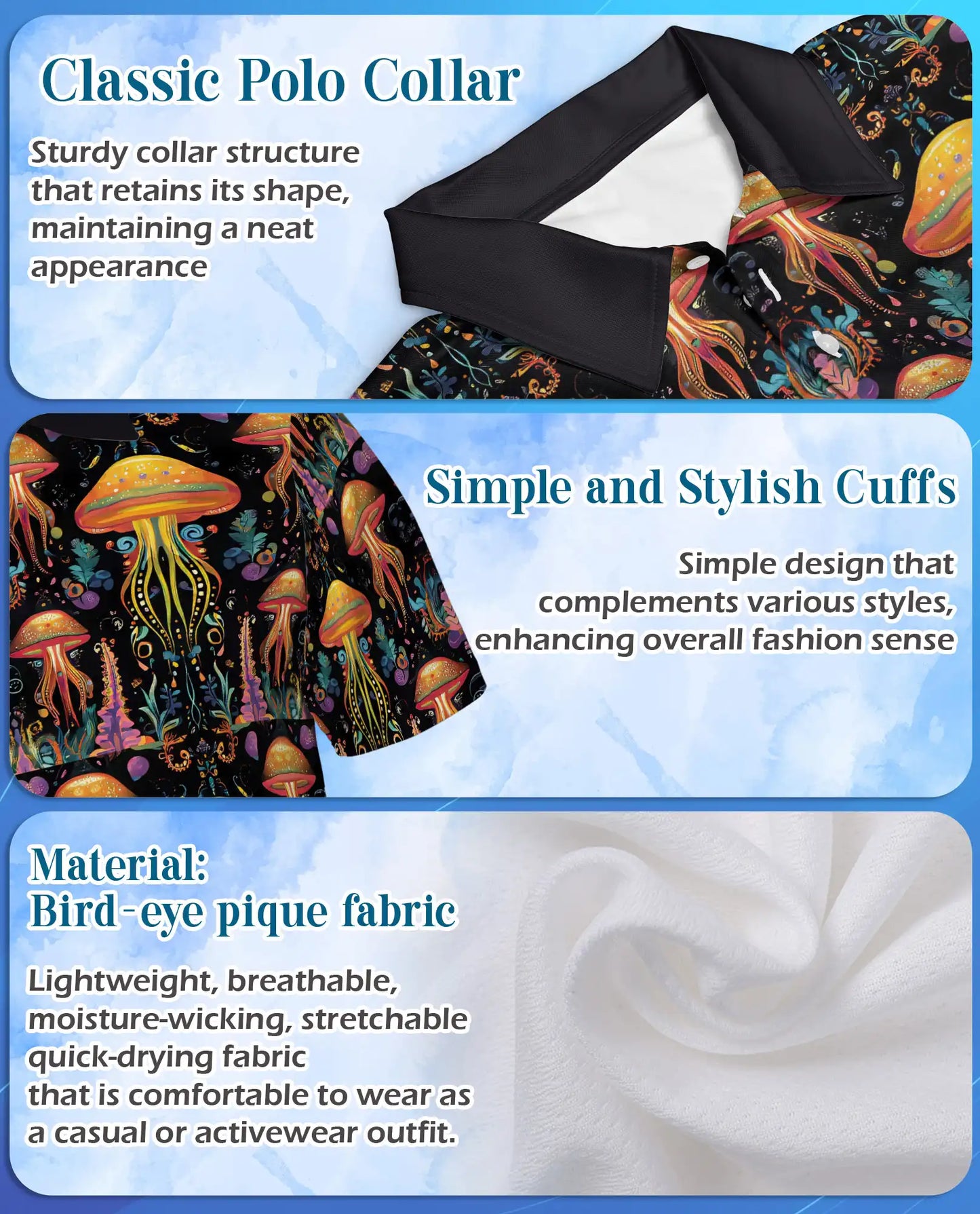 Fantasy Mushroom Polo Shirt, Botanical Night Garden Print | Azhawaiian