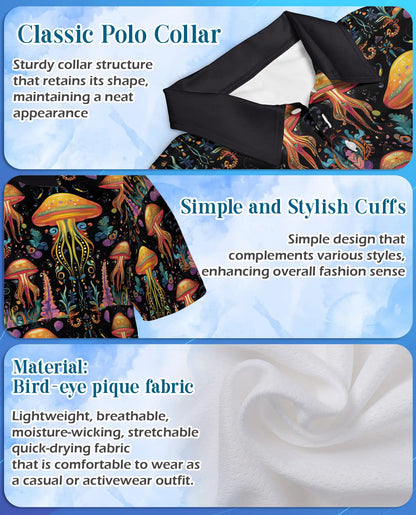 Fantasy Mushroom Polo Shirt, Botanical Night Garden Print | Azhawaiian