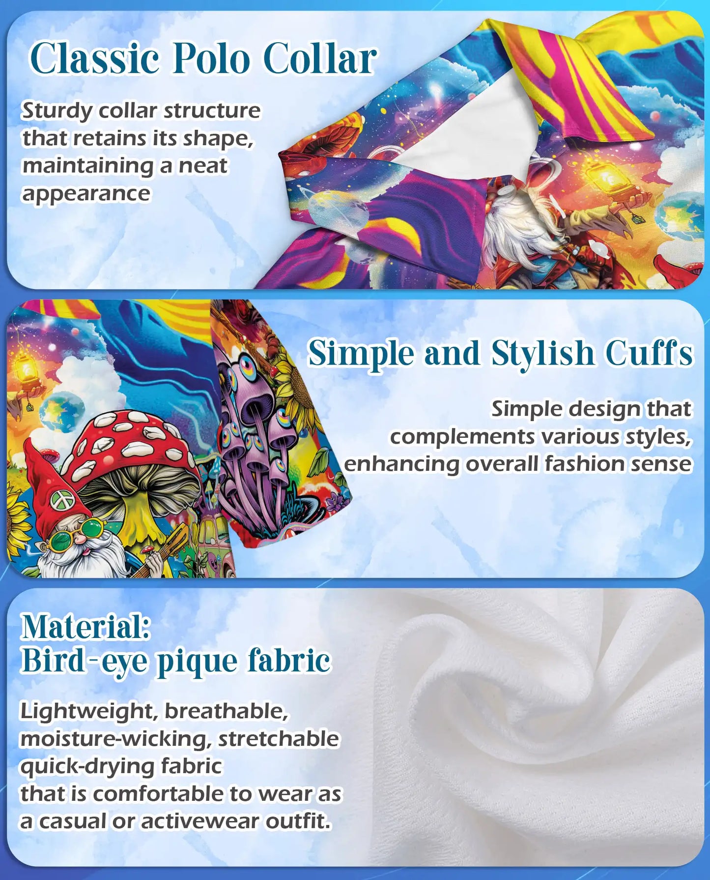 Mushroom Gnome Polo Shirt for Men, Colorful Alien Art | Azhawaiian