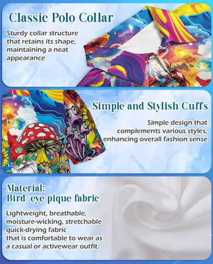 Mushroom Gnome Polo Shirt for Men, Colorful Alien Art | Azhawaiian