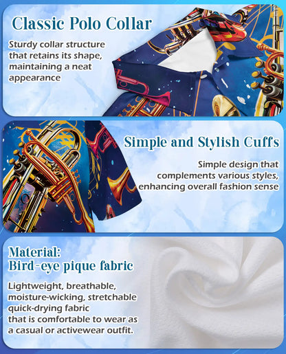 Trumpet Music Polo Shirt for Men, Jazz Band Style | Azhawaiian