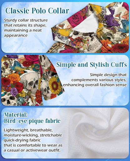 Skull Flower Polo Shirt for Men, Day of the Dead Style | Azhawaiian