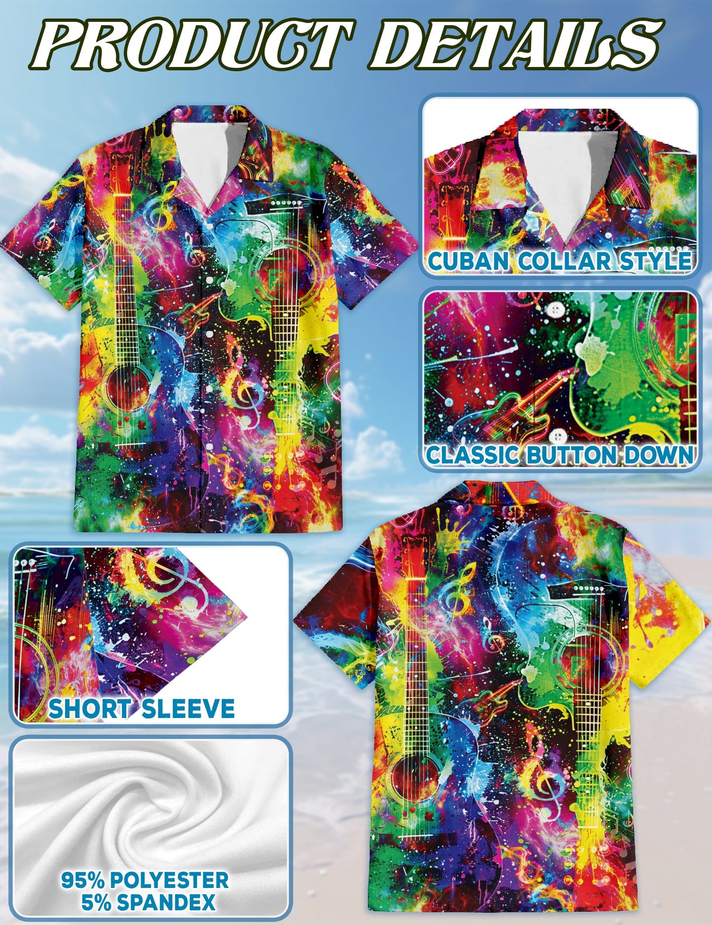 Rainbow Guitar Hawaiian Shirt for Men, Button Down Aloha Shirt - Azhawaiian