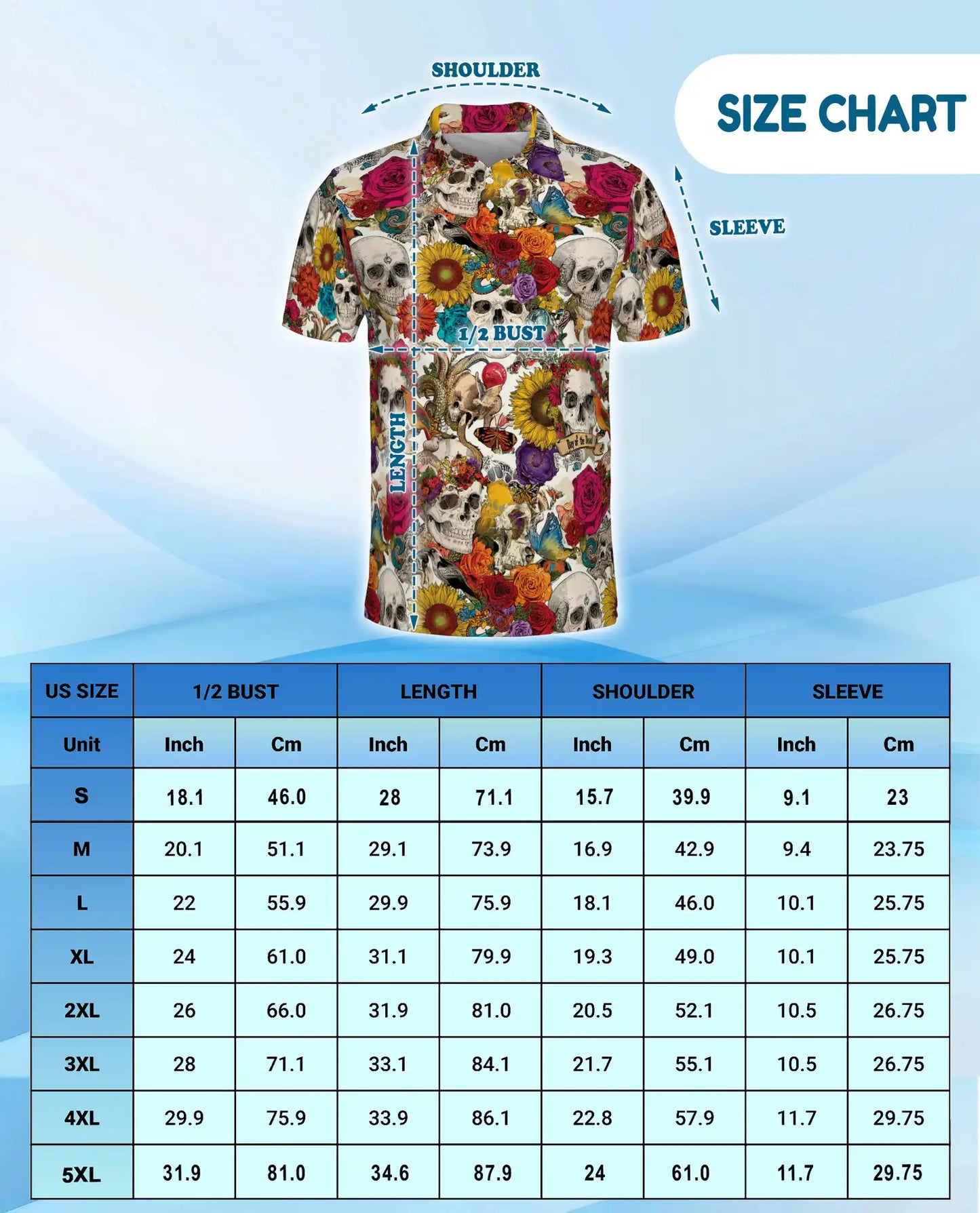 Skull Flower Polo Shirt for Men, Day of the Dead Style | Azhawaiian