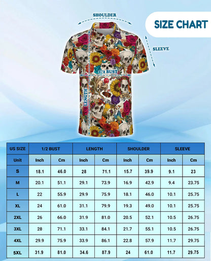 Skull Flower Polo Shirt for Men, Day of the Dead Style | Azhawaiian