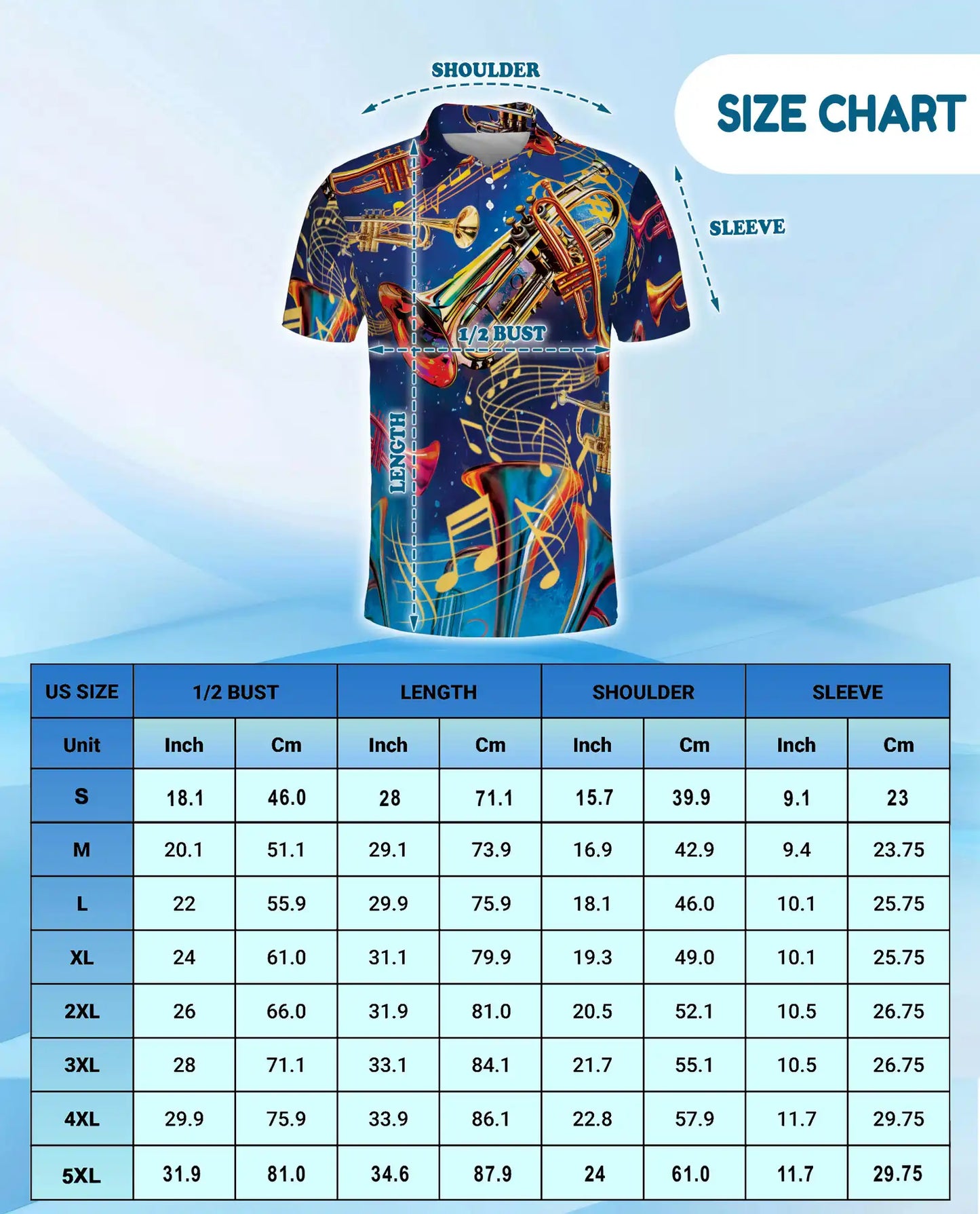 Trumpet Music Polo Shirt for Men, Jazz Band Style | Azhawaiian