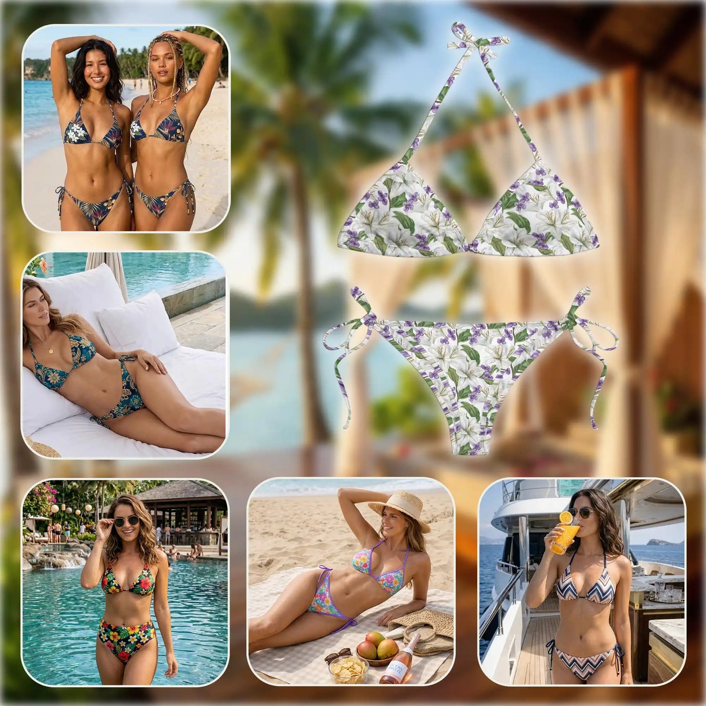 White Lily Bikini Set for Women, Two Piece Swimsuit, Elegant Floral Beachwear | Azhawaiian