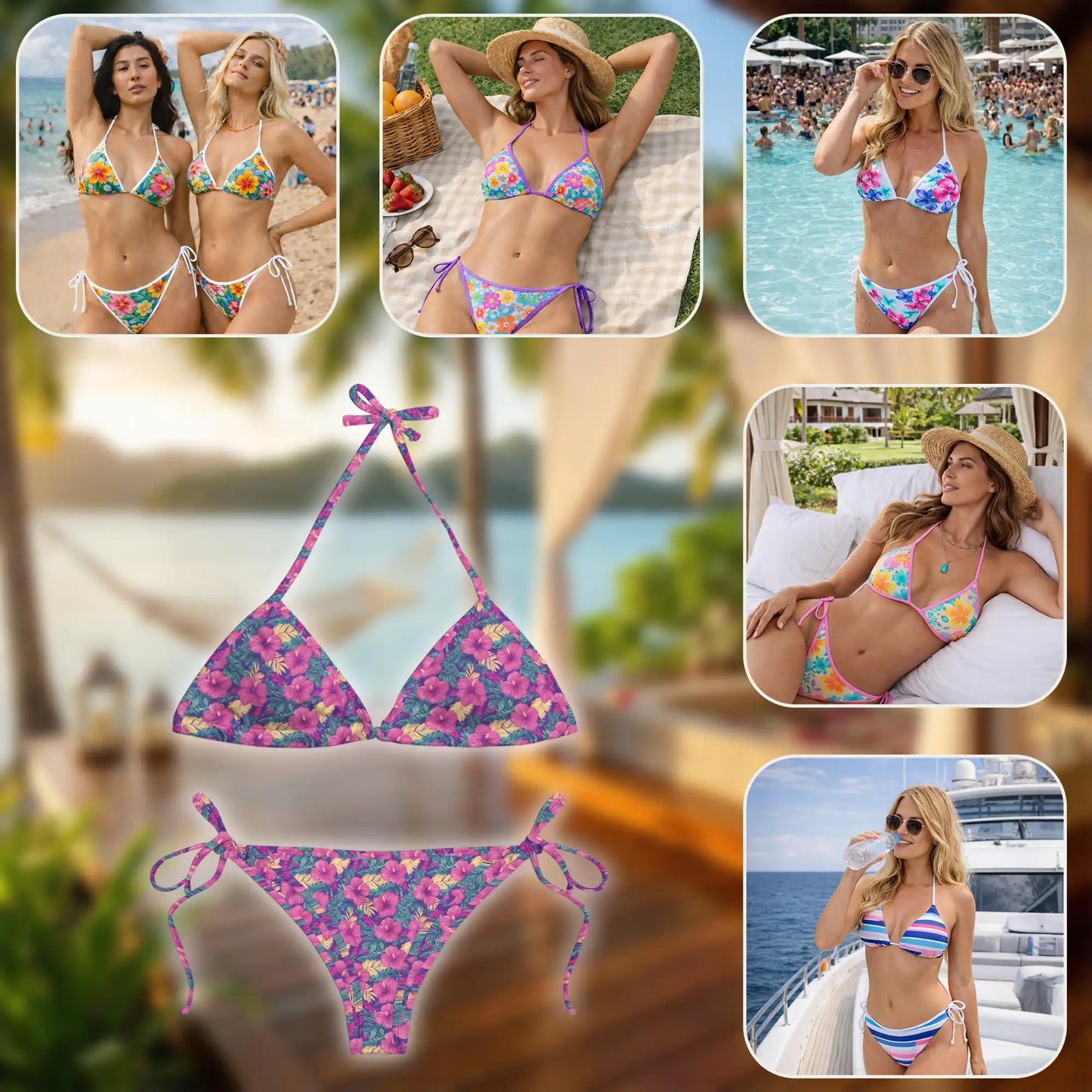 Tropical Roselle Bikini Set for Women, Two Piece Swimsuit, Hibiscus and Tropical Print Beachwear | Azhawaiian