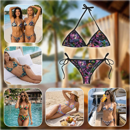 Cat Playing Music Booth Bikini Set for Women, Two Piece Swimsuit, Neon DJ Cat Beachwear | Azhawaiian