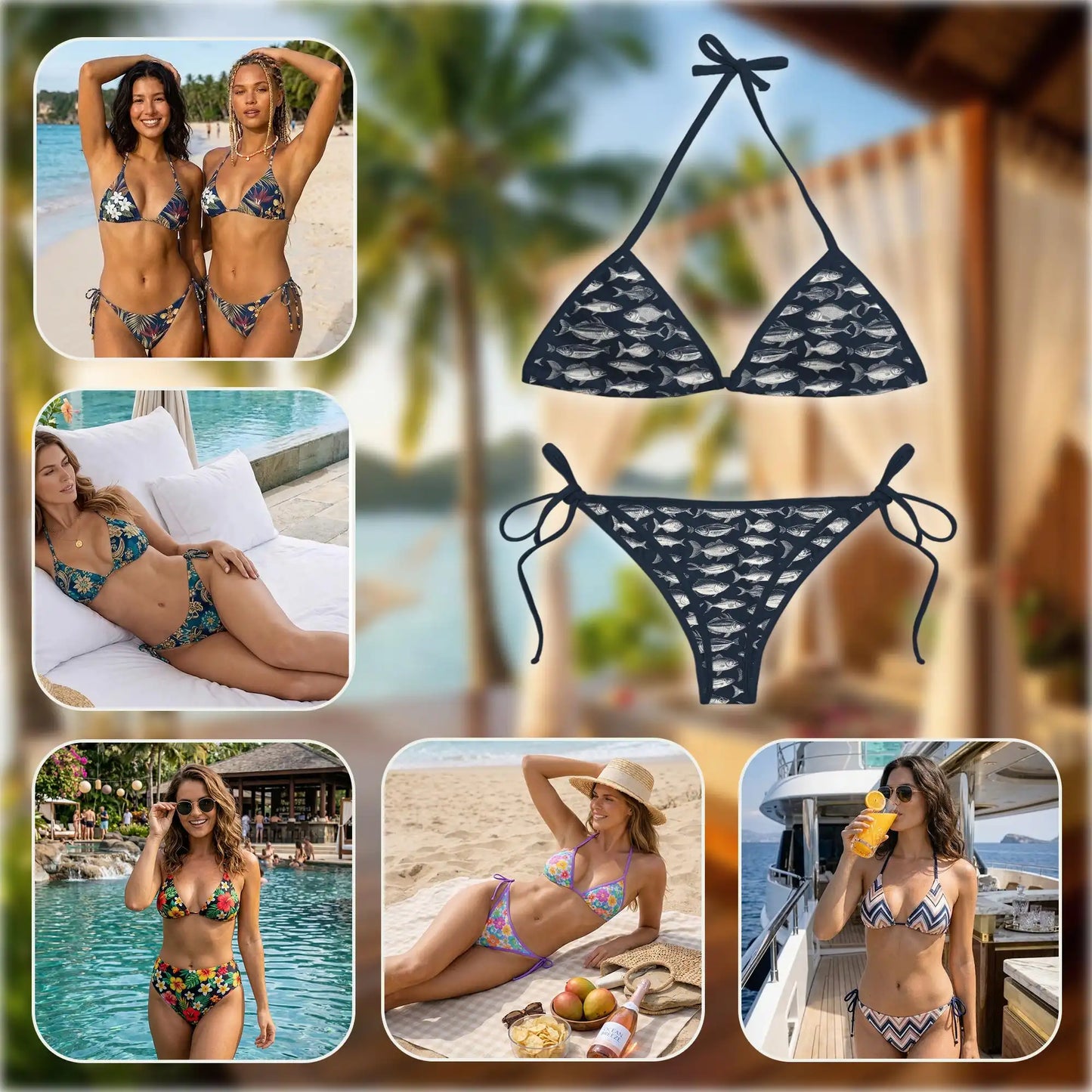 Vintage Blue Fish Bikini Set for Women Two Piece Swimsuit, Nautical Fish Print Bikini Set | Azhawaiian