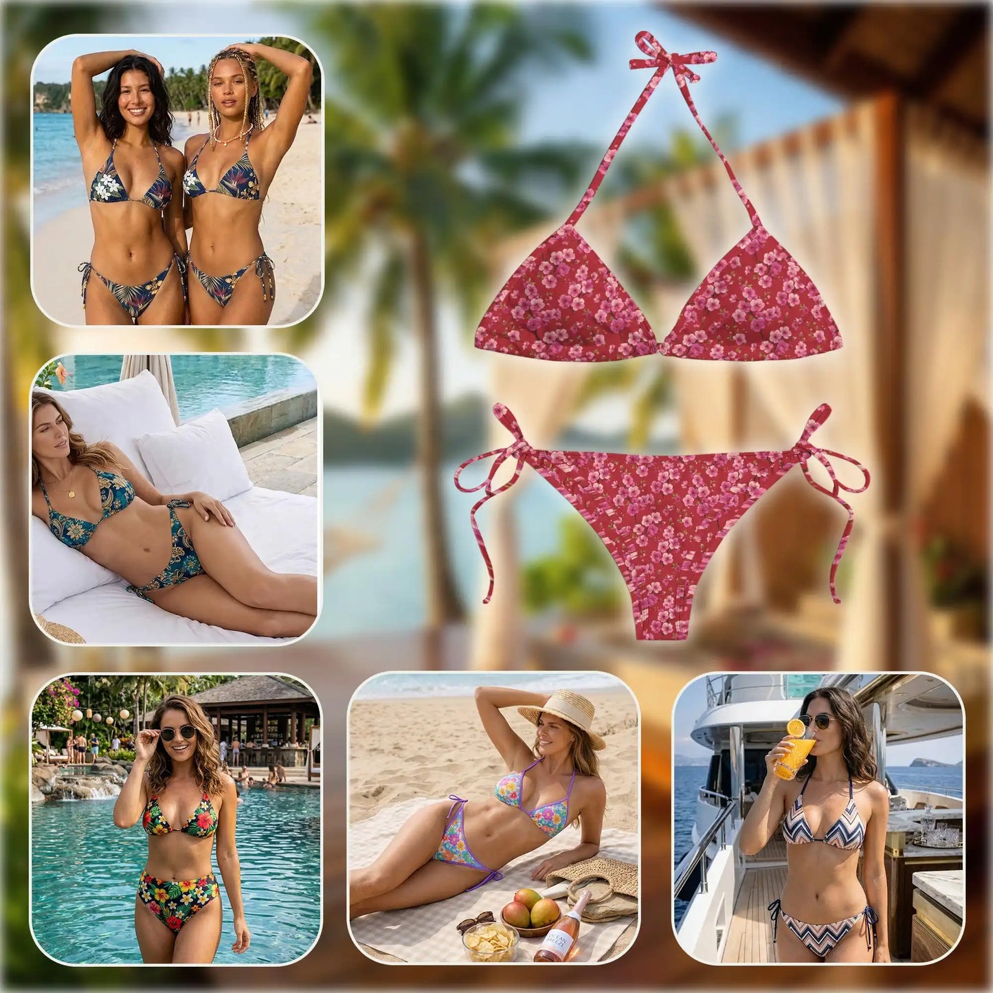 Red Cherry Blossom Bikini Set for Women Two Piece Swimsuit, Floral Sakura| Azhawaiian