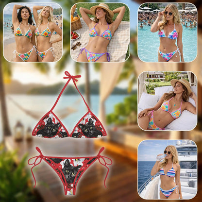 Black Cat Bikini Set, Floral Cat Two Piece Swimsuit | Azhawaiian