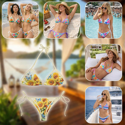 Sunflower Butterfly Bikini Set, Floral Nature Two Piece Swimsuit | Azhawaiian