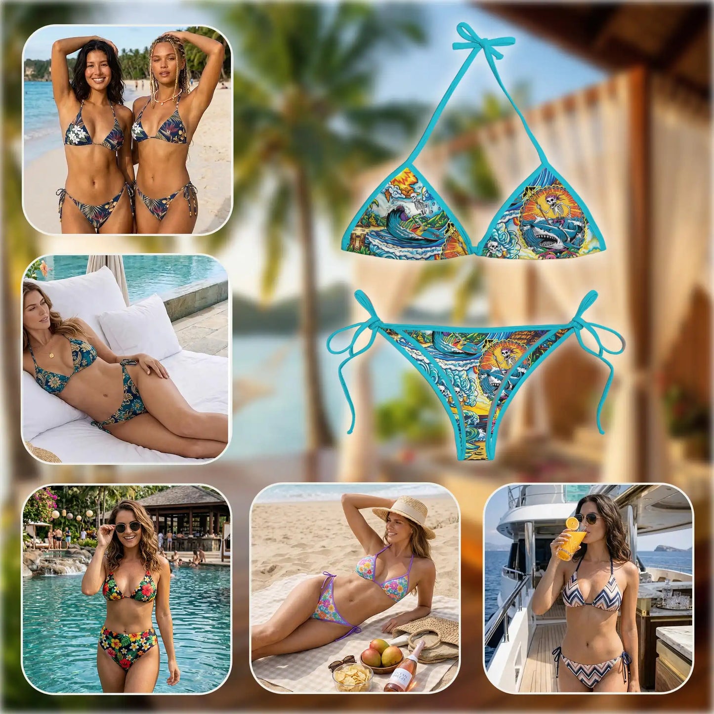 Surfing Skull Bikini Set for Women, Two Piece Swimsuit, Tropical Skull Beachwear | Azhawaiian