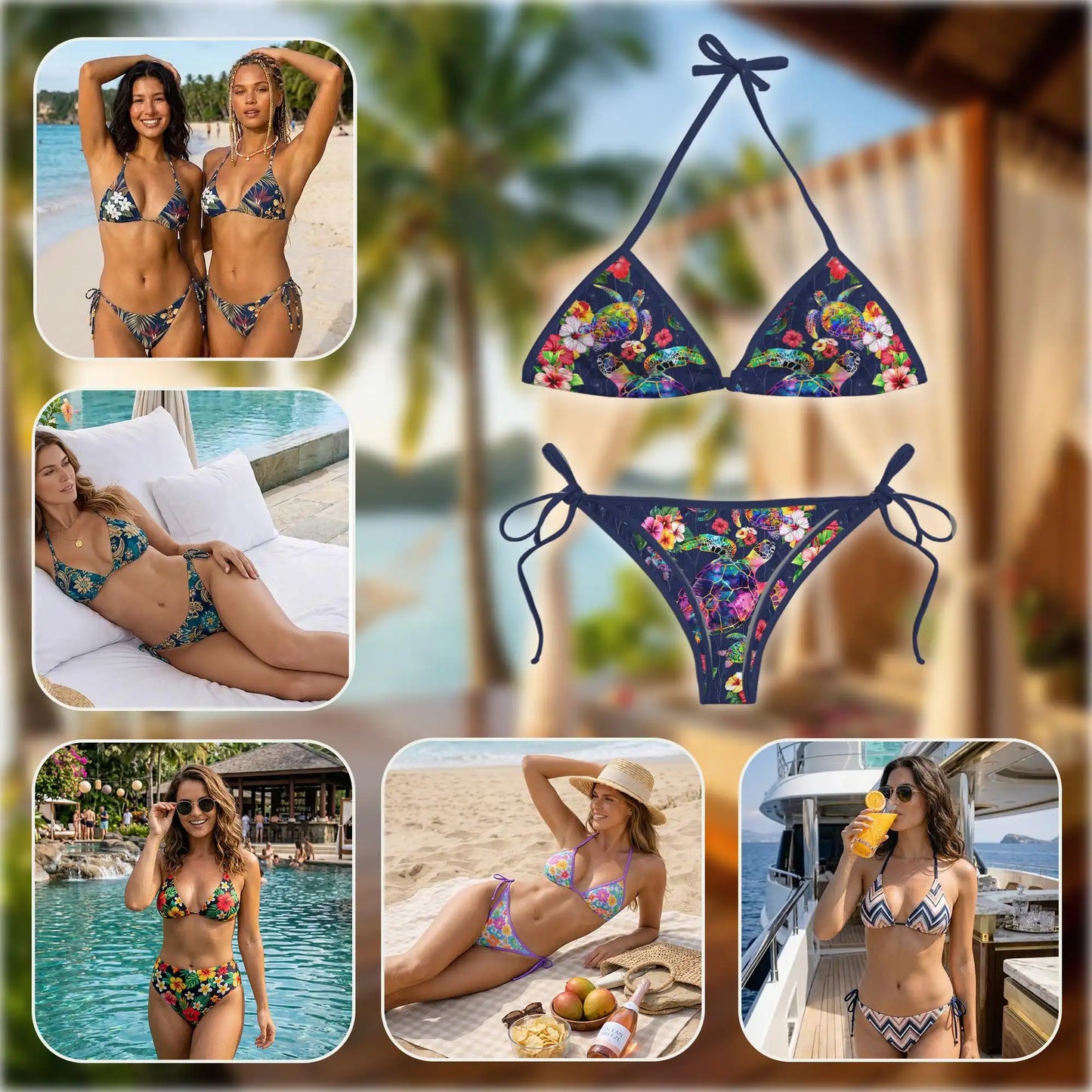 Colorful Turtle Floral Bikini Set for Women, Two Piece Swimsuit, Tropical Ocean Beachwear | Azhawaiian